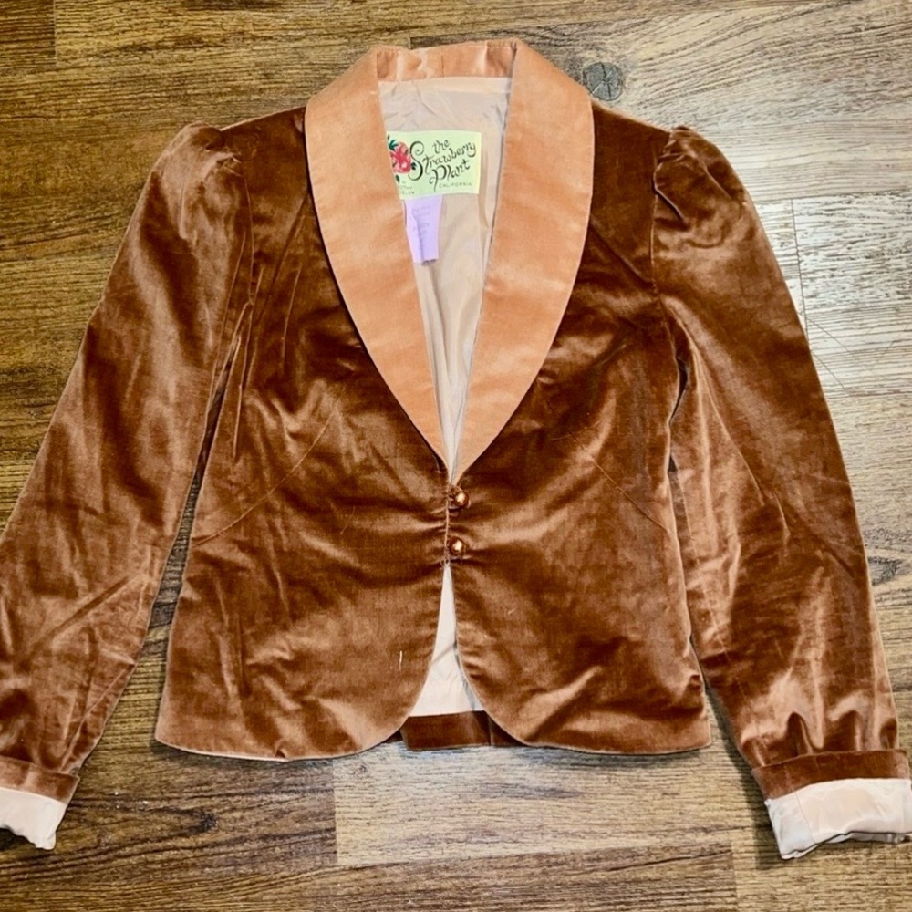 Vintage Strawberry Plant Tan Velvet Long Puffed Sleeve Blazer Jacket Size 3-4 - Picture 6 of 13